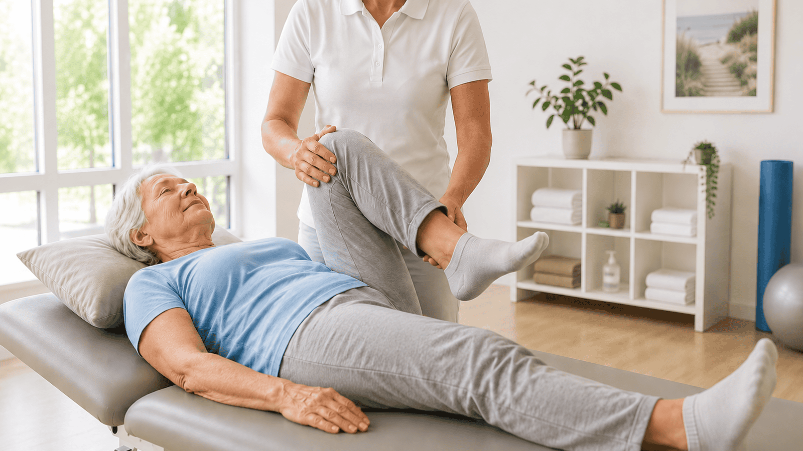 Physiotherapeutin hilft älterer Patientin bei Beinübung in Mainz-Drais.